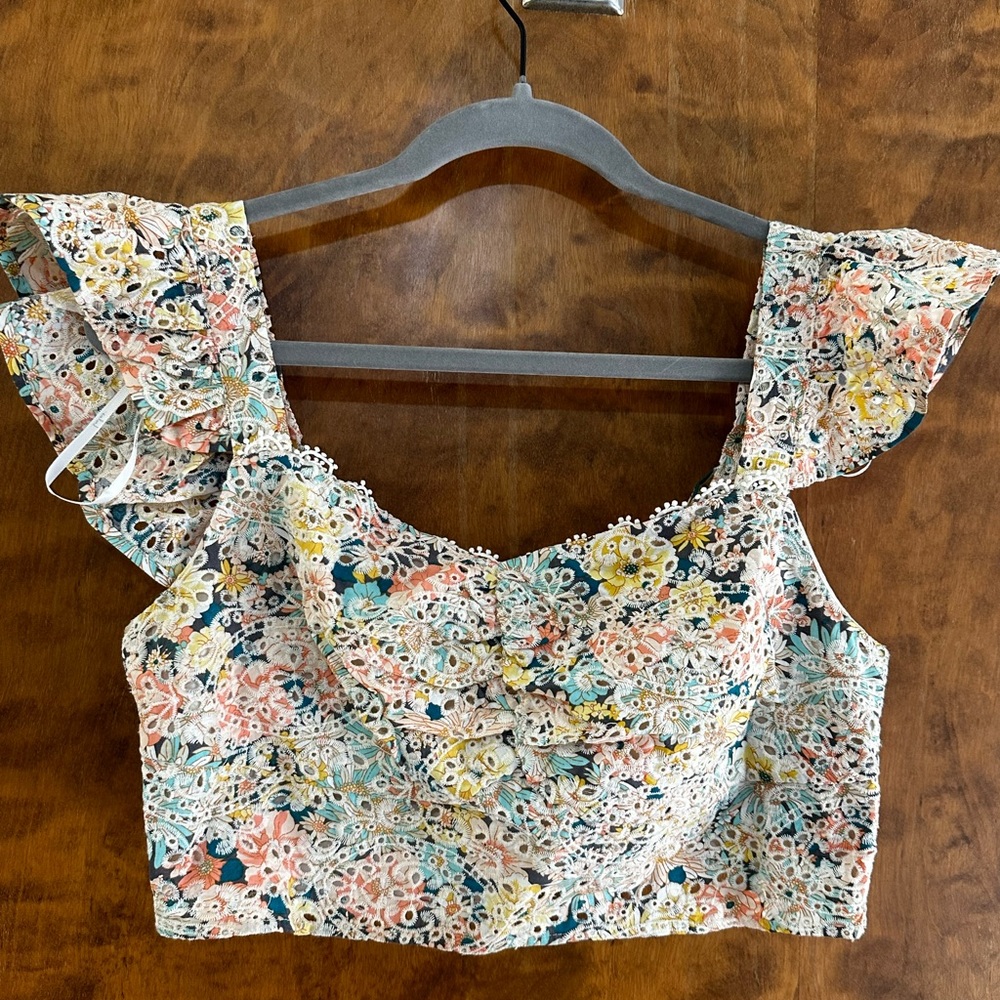 Lulus Sweeter than Ever Multi Floral Eyelet Lace Crop Top